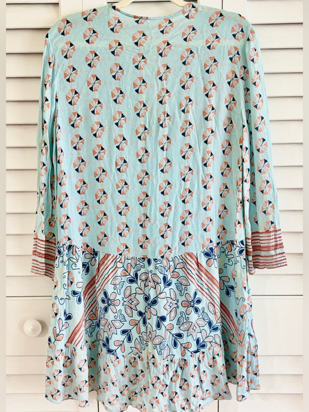 Dalia Mint Blue-Green Dress Floral & Stripe Mixed Print Boho Tunic Mini Dress L - Picture 5 of 12